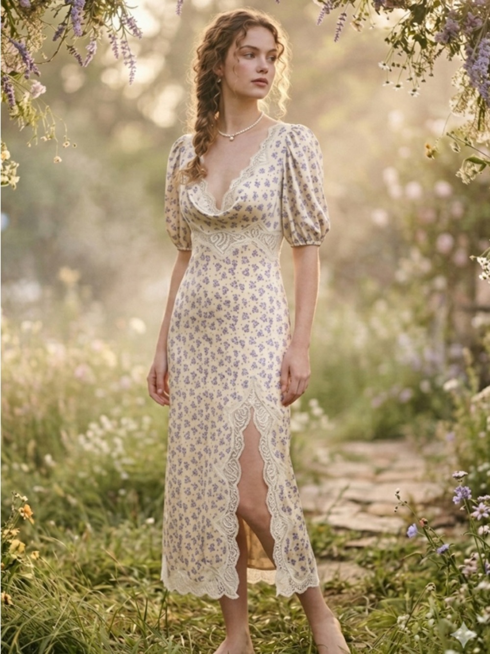 Urban Outfitters Lauren Lace Trim Floral Midi Dress L Blue Yellow Cottagecore